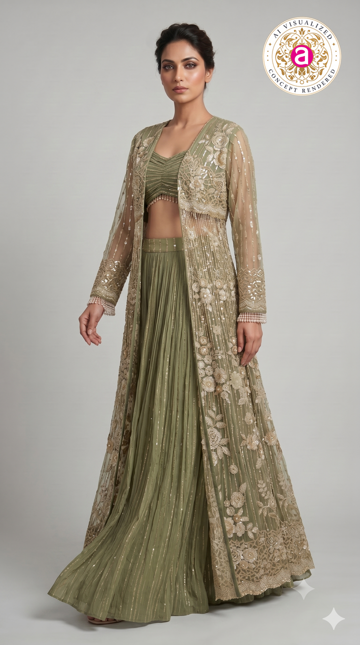 Sage Green Embroidered Jacket Style Lehenga Set with Bralette