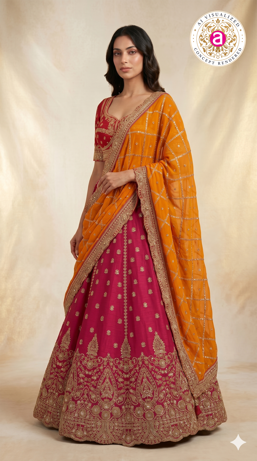 Rani Pink Bridal Lehenga Set with Orange Embroidered Dupatta & Royal Zari Heritage Work
