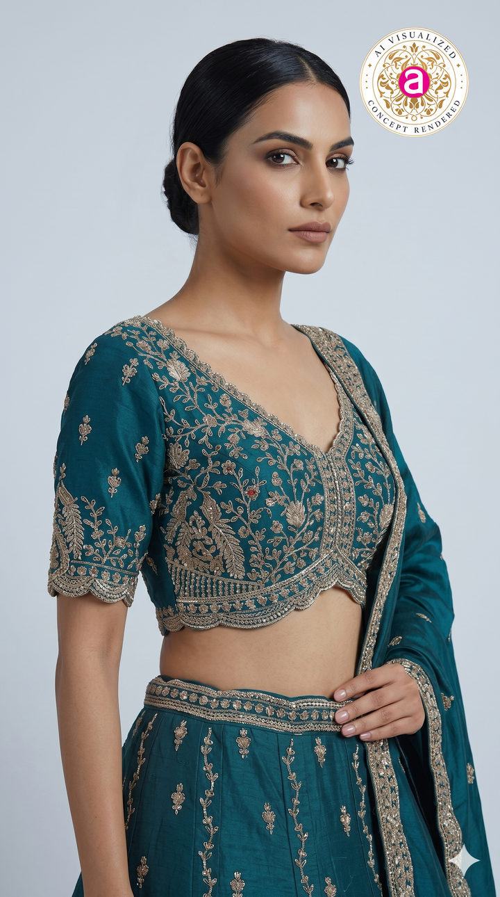 Teal Blue Designer Lehenga Set with Zari Embroidery & Regal Embellished Dupatta