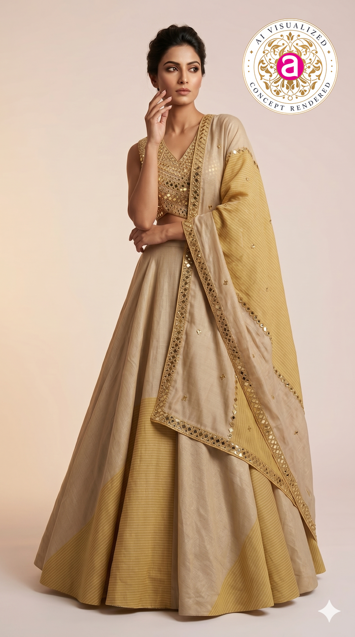 Elegant Beige & Gold Minimal Designer Lehenga Choli with Embellished Blouse & Dupatta