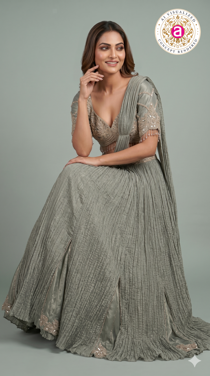 Dusty Sage Green Crushed Lehenga Set with Embroidered Blouse & Drape Dupatta
