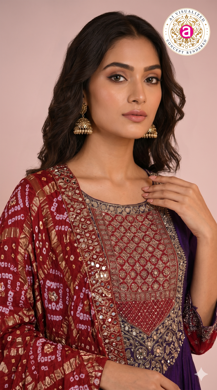 Royal Purple Embroidered Designer Sharara Set with Bandhani Dupatta