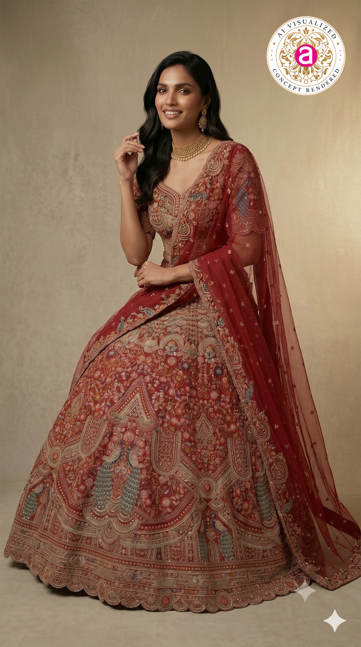 Royal Ruby Red Bridal Lehenga Set with Peacock Motifs & Heritage Zardozi Embroidery