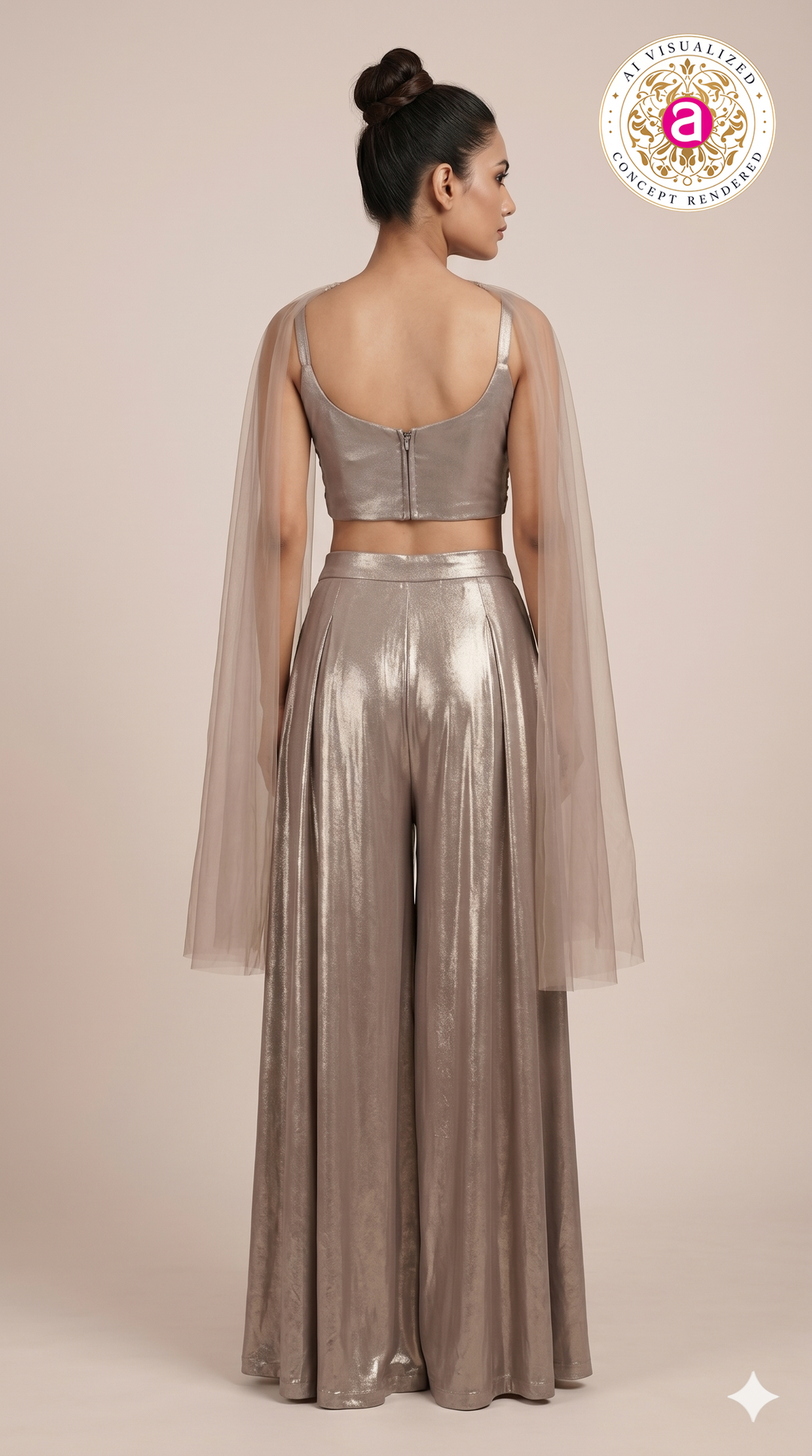 Champagne Beige Embellished Co-Ord Set with Cape Sleeves
