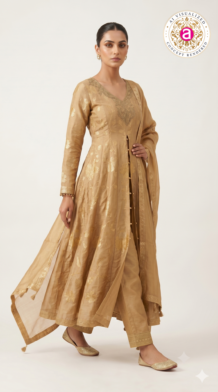 Golden Beige Floral Woven Anarkali Suit Set