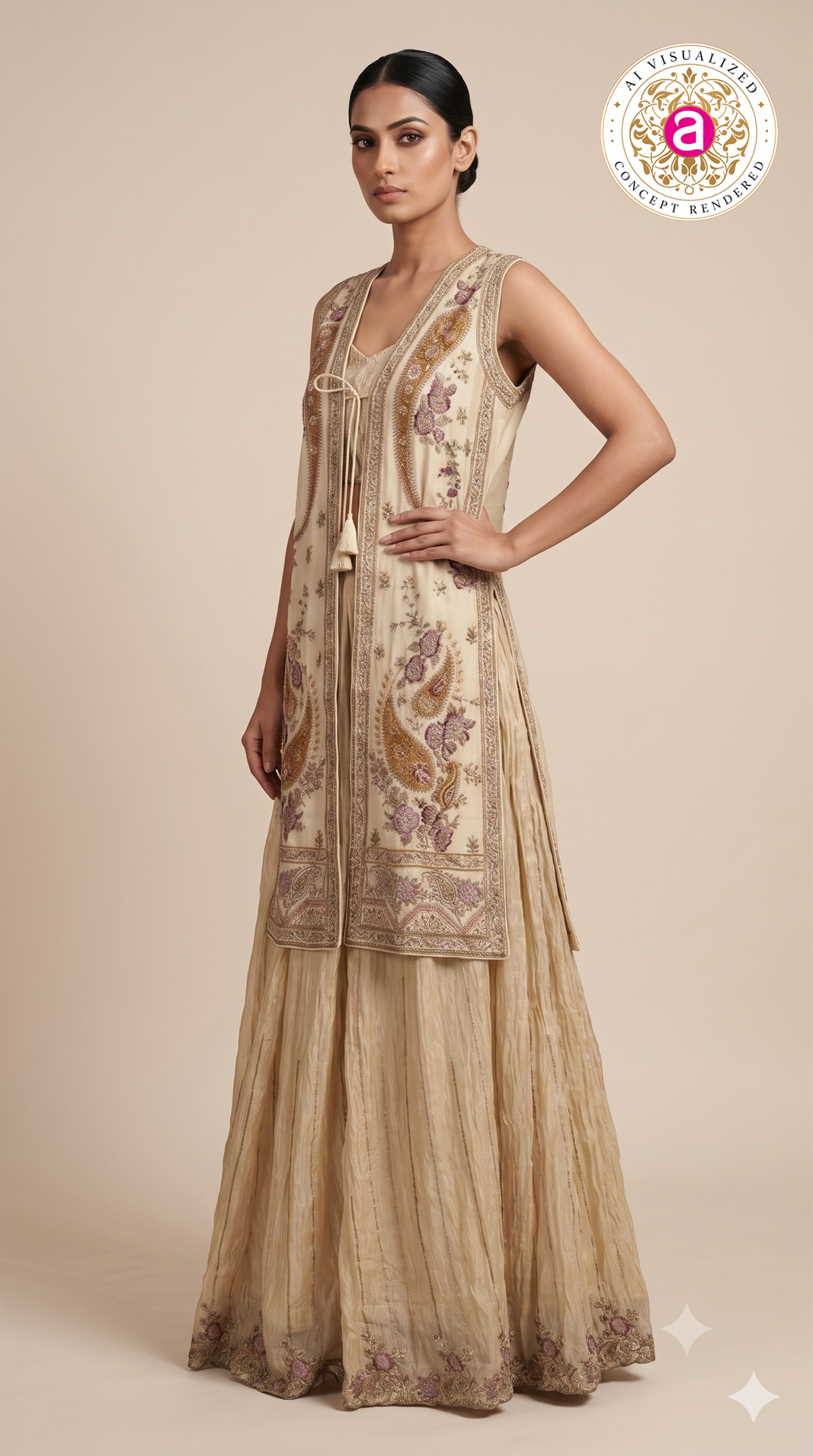 Champagne Embroidered Jacket Style Sharara Set with Crop Top