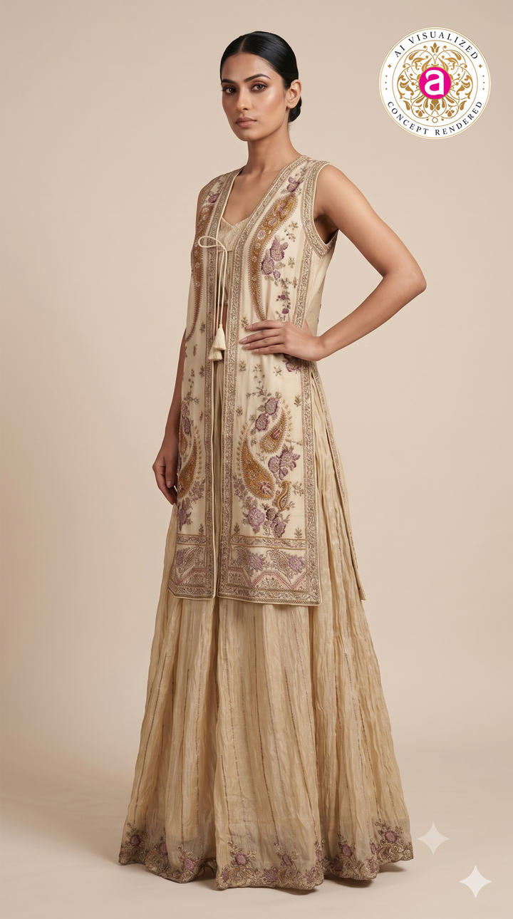 Champagne Embroidered Jacket Style Sharara Set with Crop Top