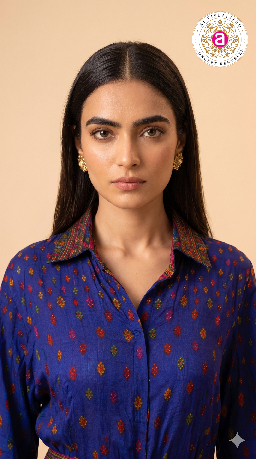 Royal Blue Printed Designer Shirt & Flared Skirt Set