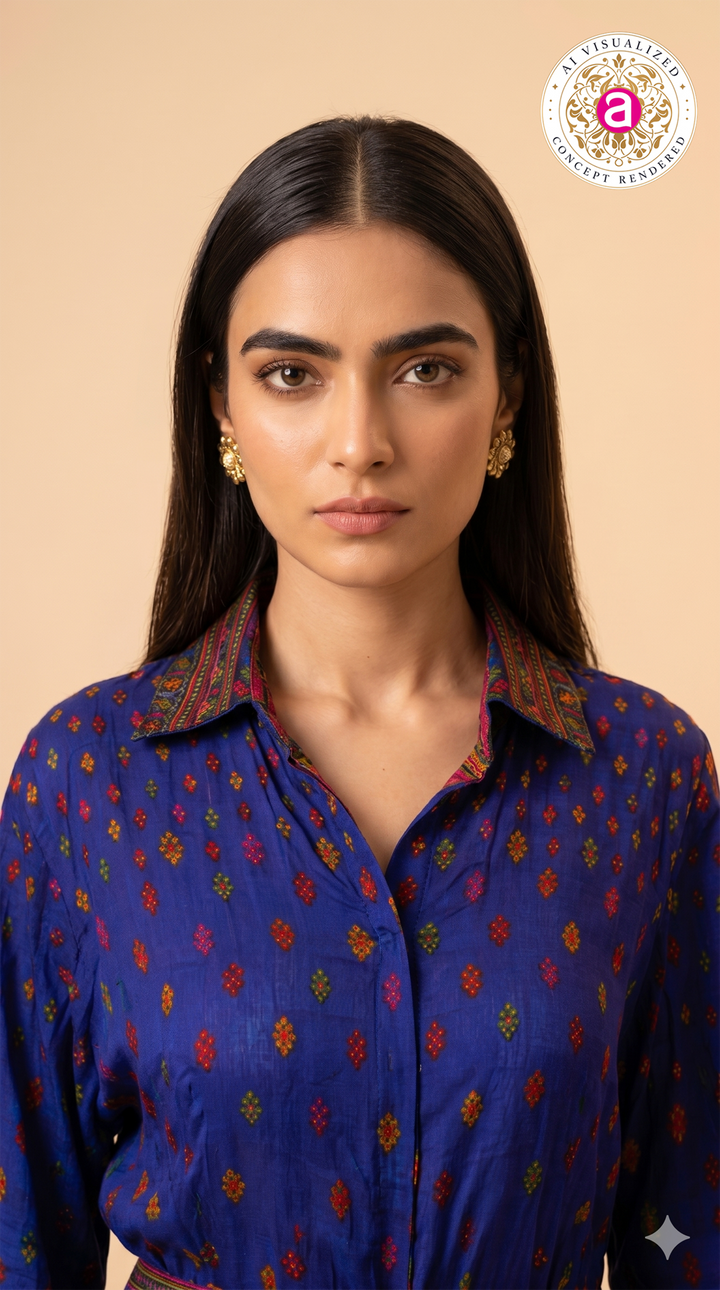 Royal Blue Printed Designer Shirt & Flared Skirt Set