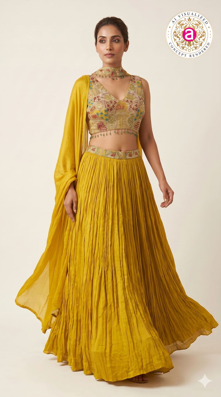 Sunshine Yellow Crushed Silk Festive Lehenga Set