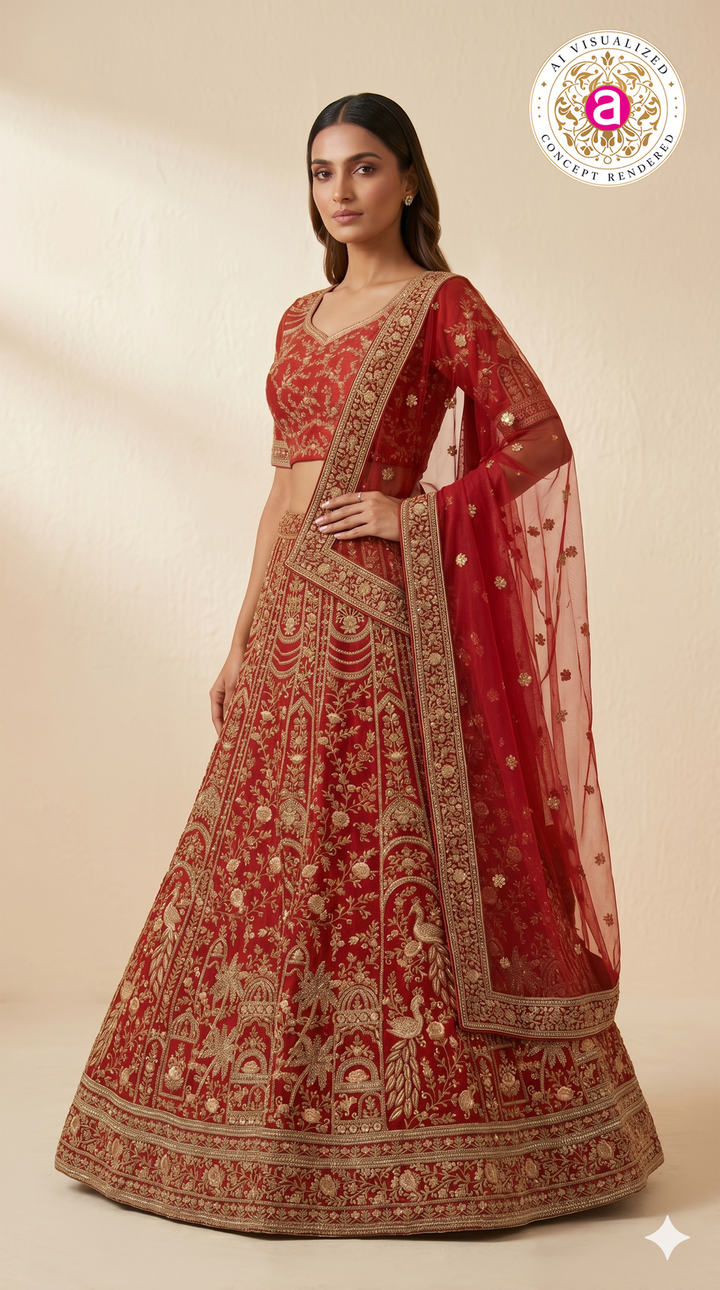 Bridal Red Designer Lehenga Set with Heavy Zari Embroidery & Net Dupatta