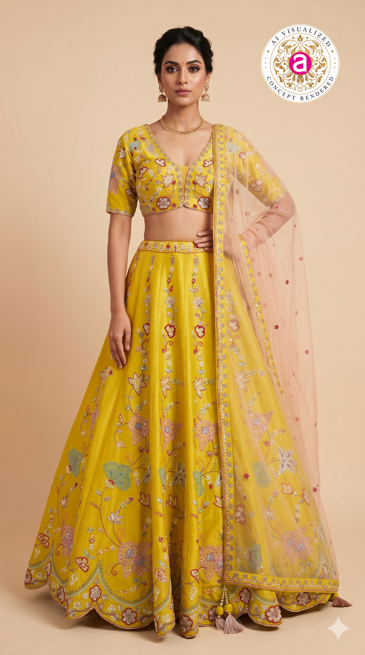 Mustard Yellow Floral Embroidered Designer Lehenga Choli with Net Dupatta