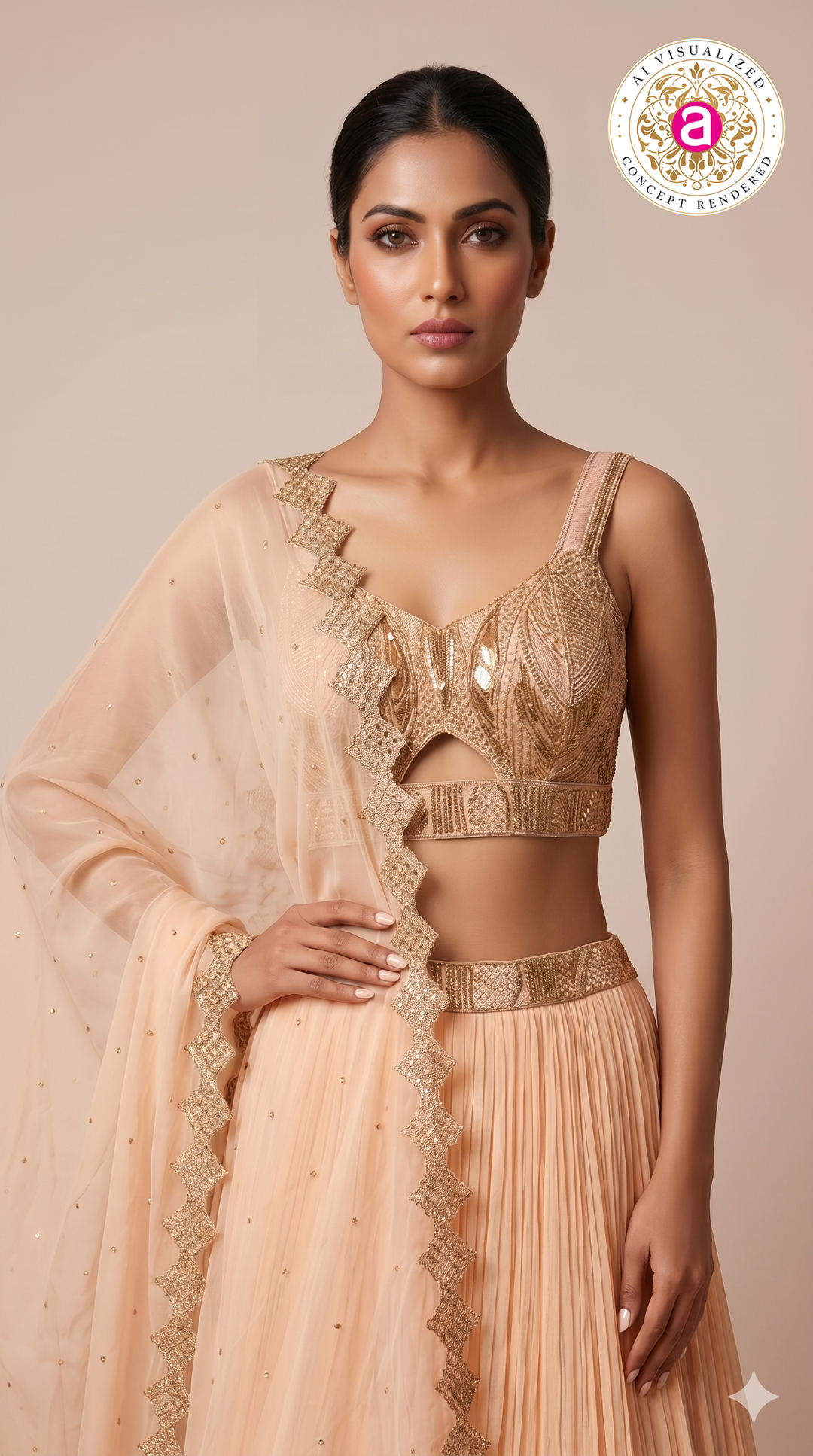 Peach Pleated Lehenga Set with Embroidered Bralette & Organza Dupatta