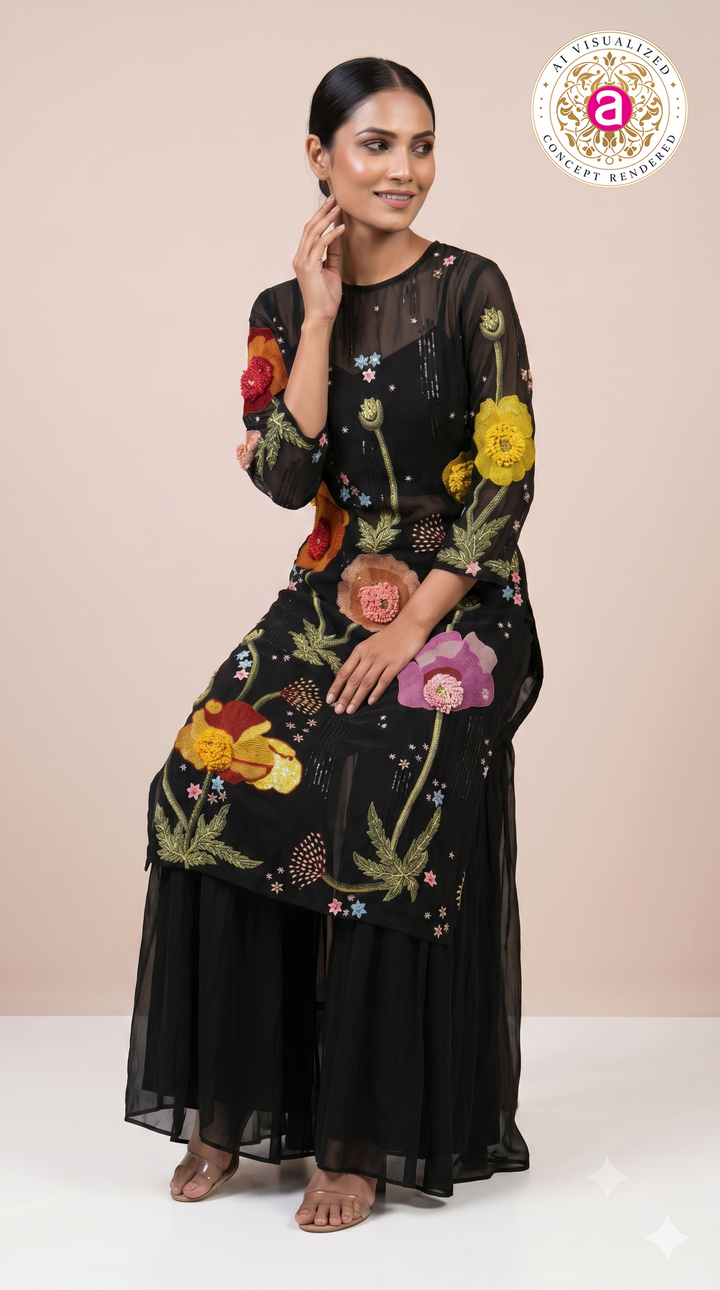 Black Floral Embroidered Kurta Set with Palazzo