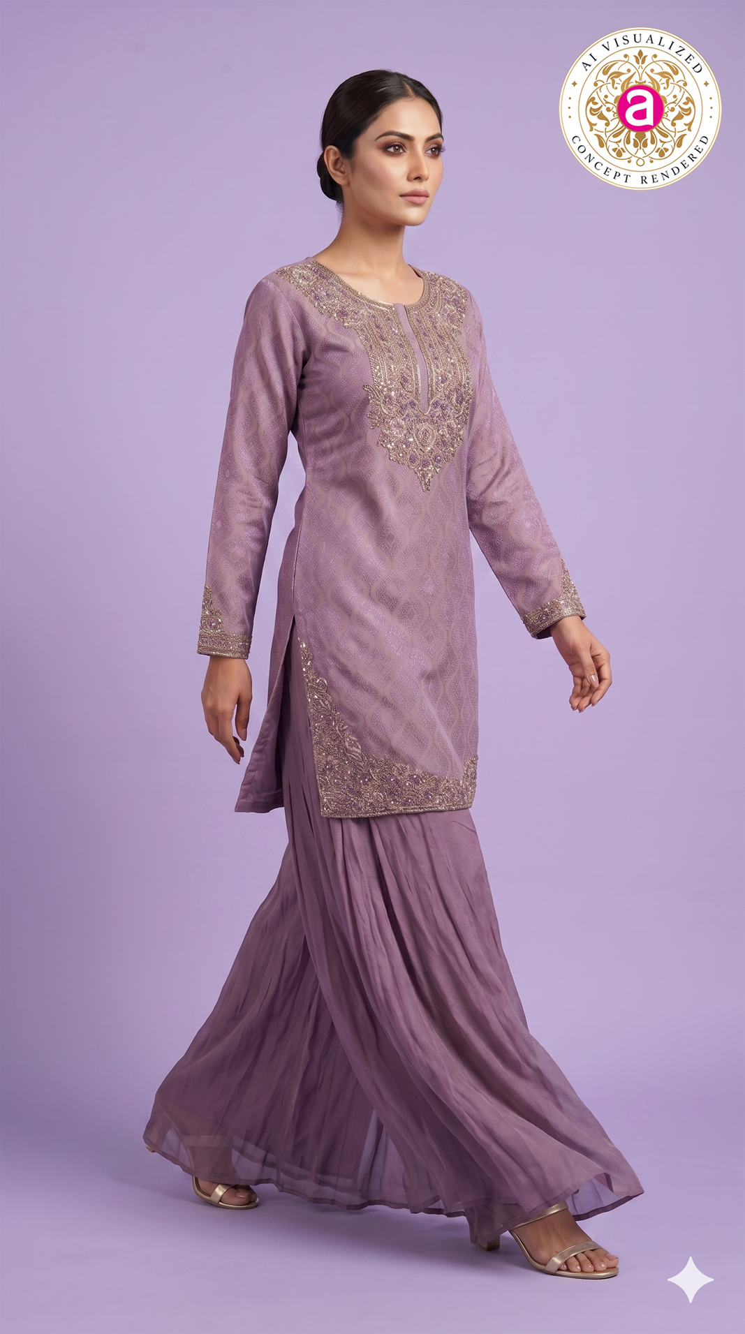 Lavender Designer Kurta Sharara Set with Embroidered Detailing