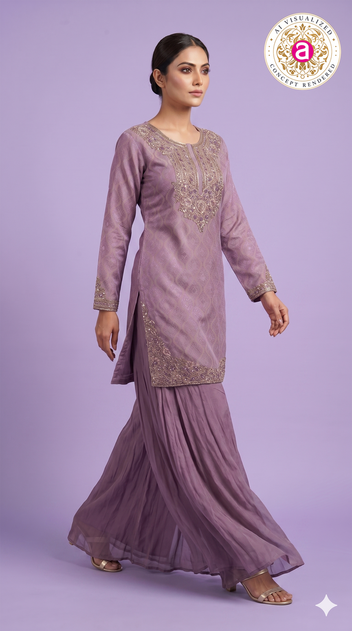 Lavender Designer Kurta Sharara Set with Embroidered Detailing