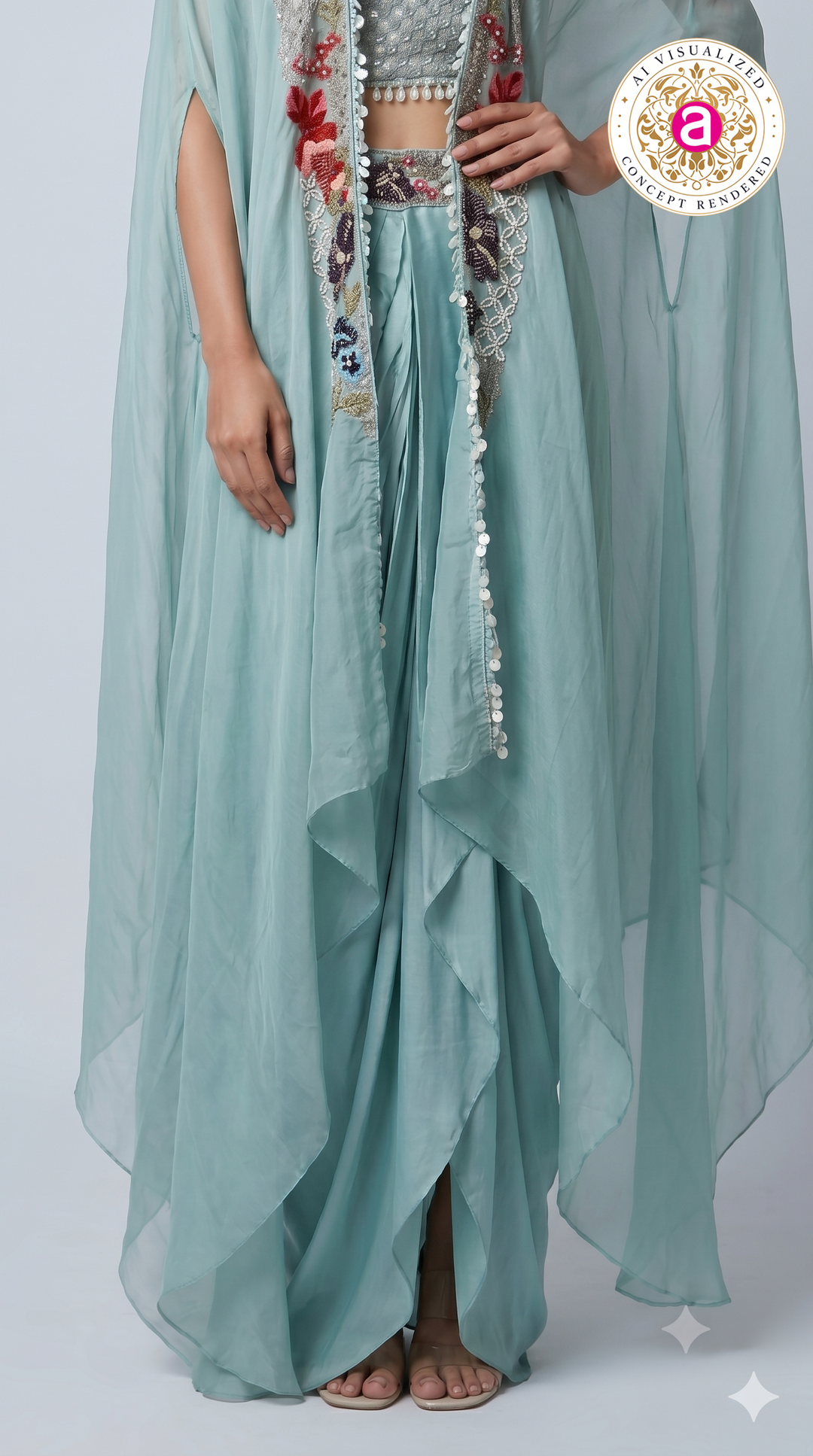 Powder Blue Embroidered Cape Style Designer Ensemble