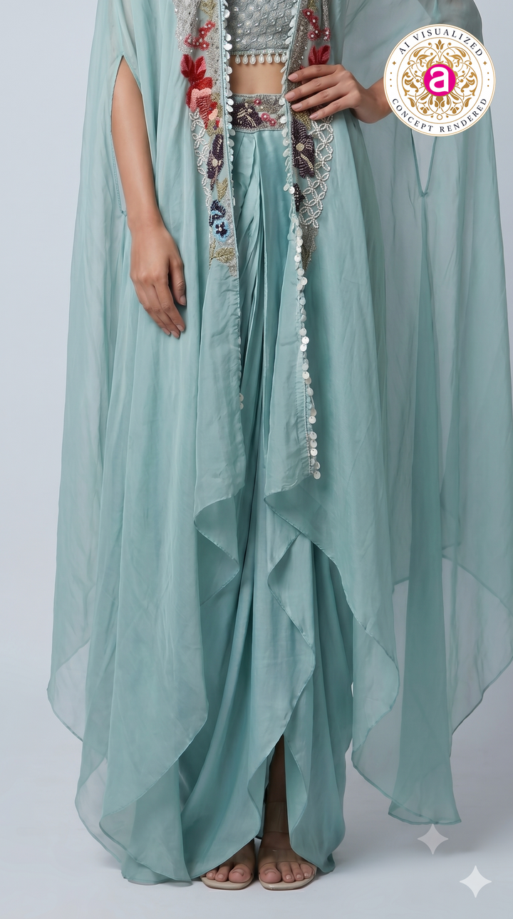 Powder Blue Embroidered Cape Style Designer Ensemble