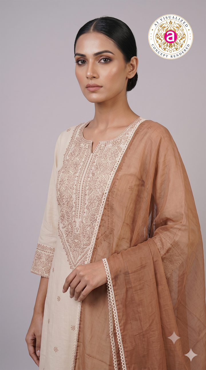 Ivory Embroidered Kurta Pant Set with Dupatta