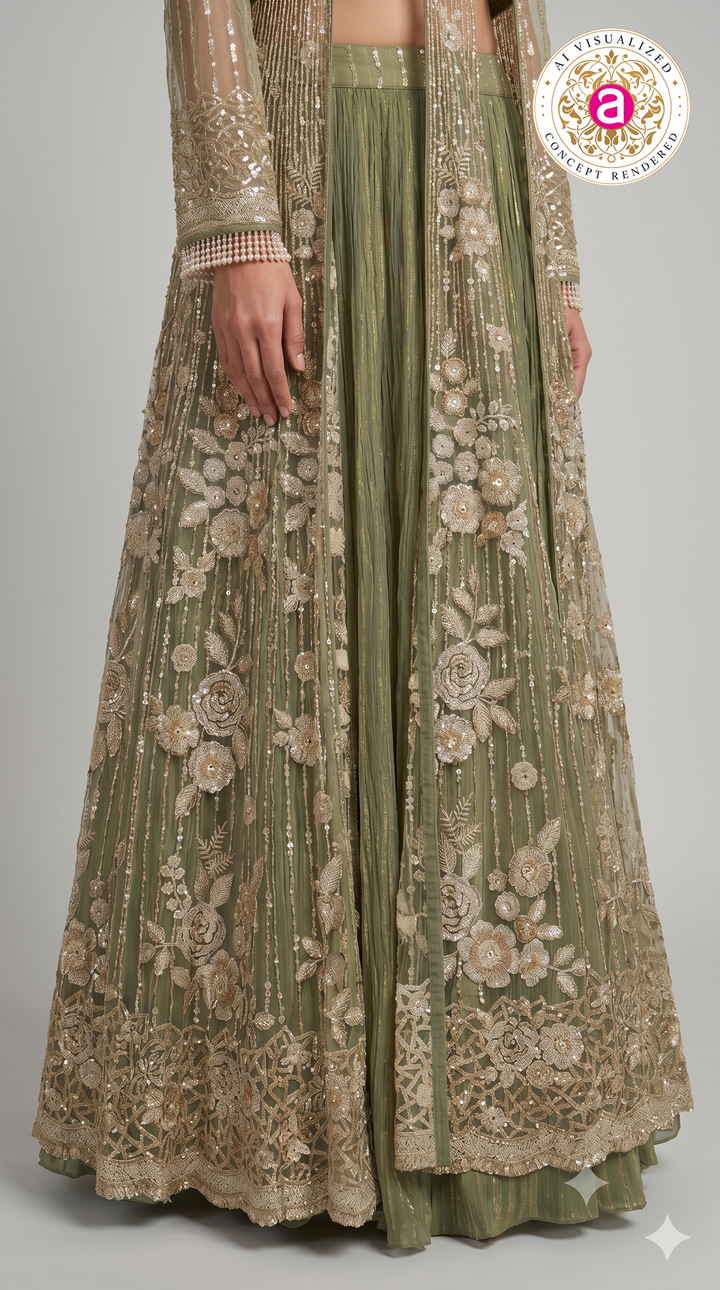 Sage Green Embroidered Jacket Style Lehenga Set with Bralette