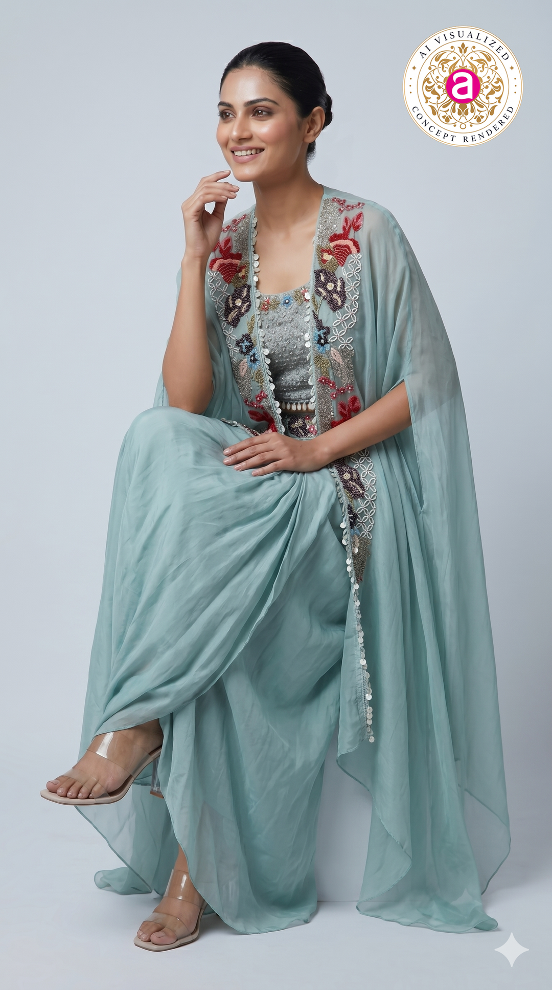 Powder Blue Embroidered Cape Style Designer Ensemble