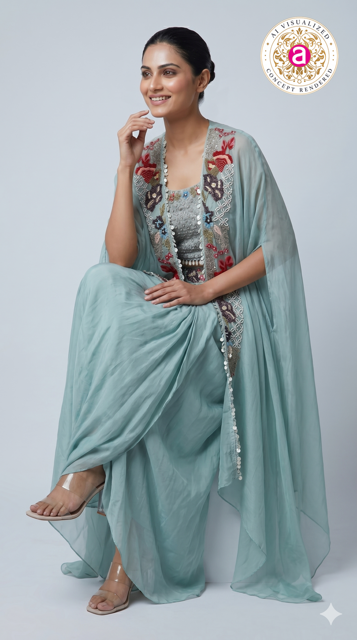 Powder Blue Embroidered Cape Style Designer Ensemble