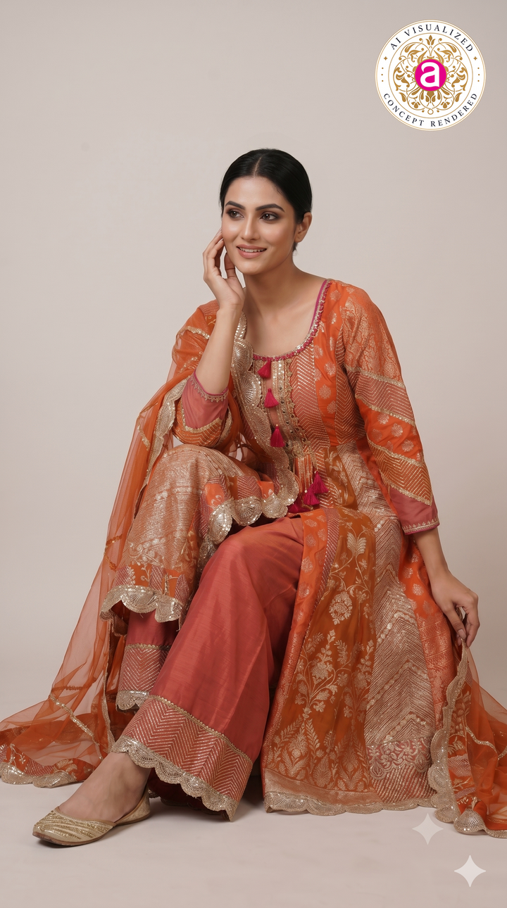 Vibrant Orange Banarasi Anarkali Suit Set with Sharara & Organza Dupatta