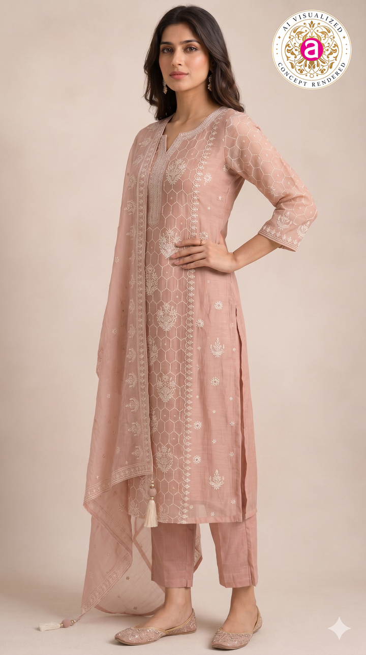 Blush Pink Embroidered Straight Kurta Set with Dupatta