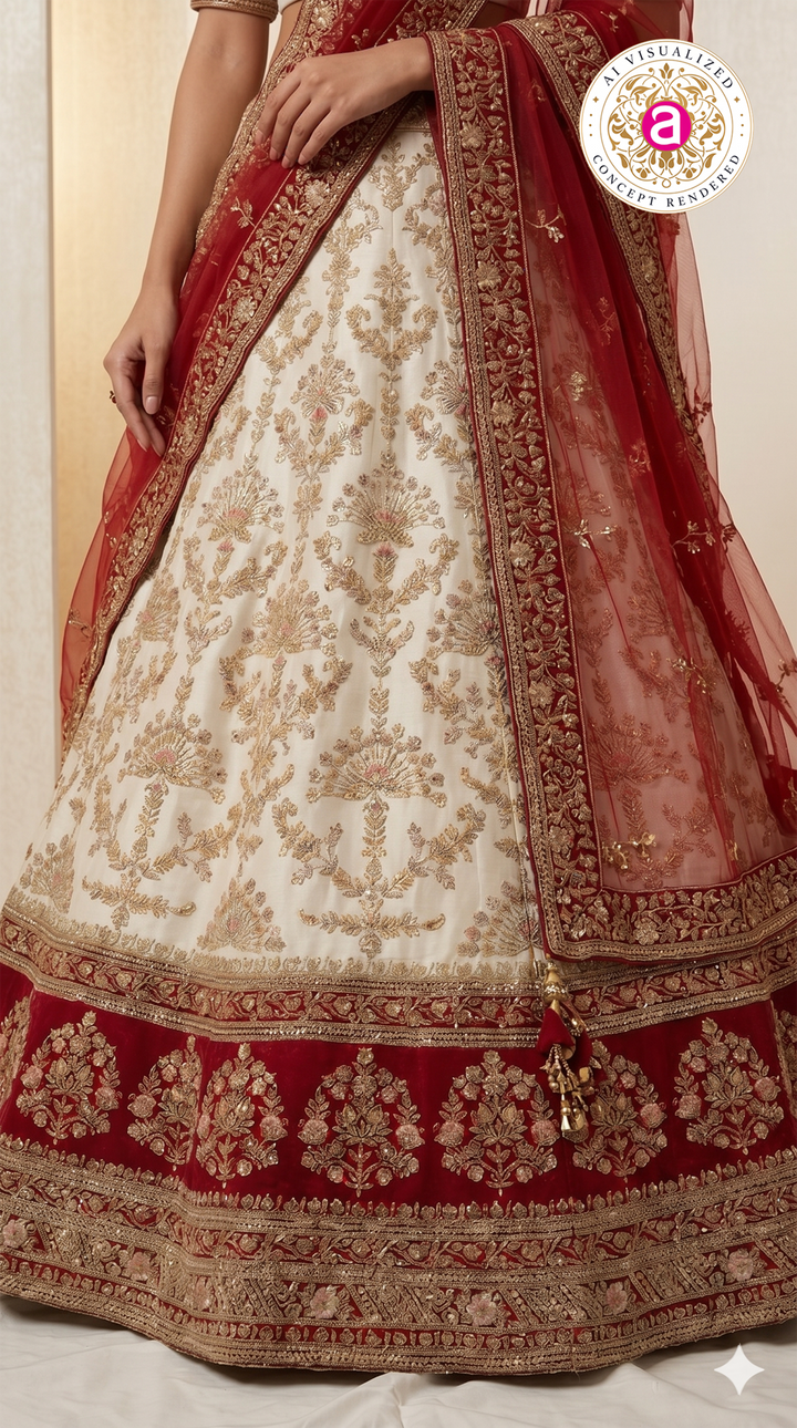 Ivory White & Maroon Designer Bridal Lehenga Set with Heavy Zari Embroidery & Net Dupatta