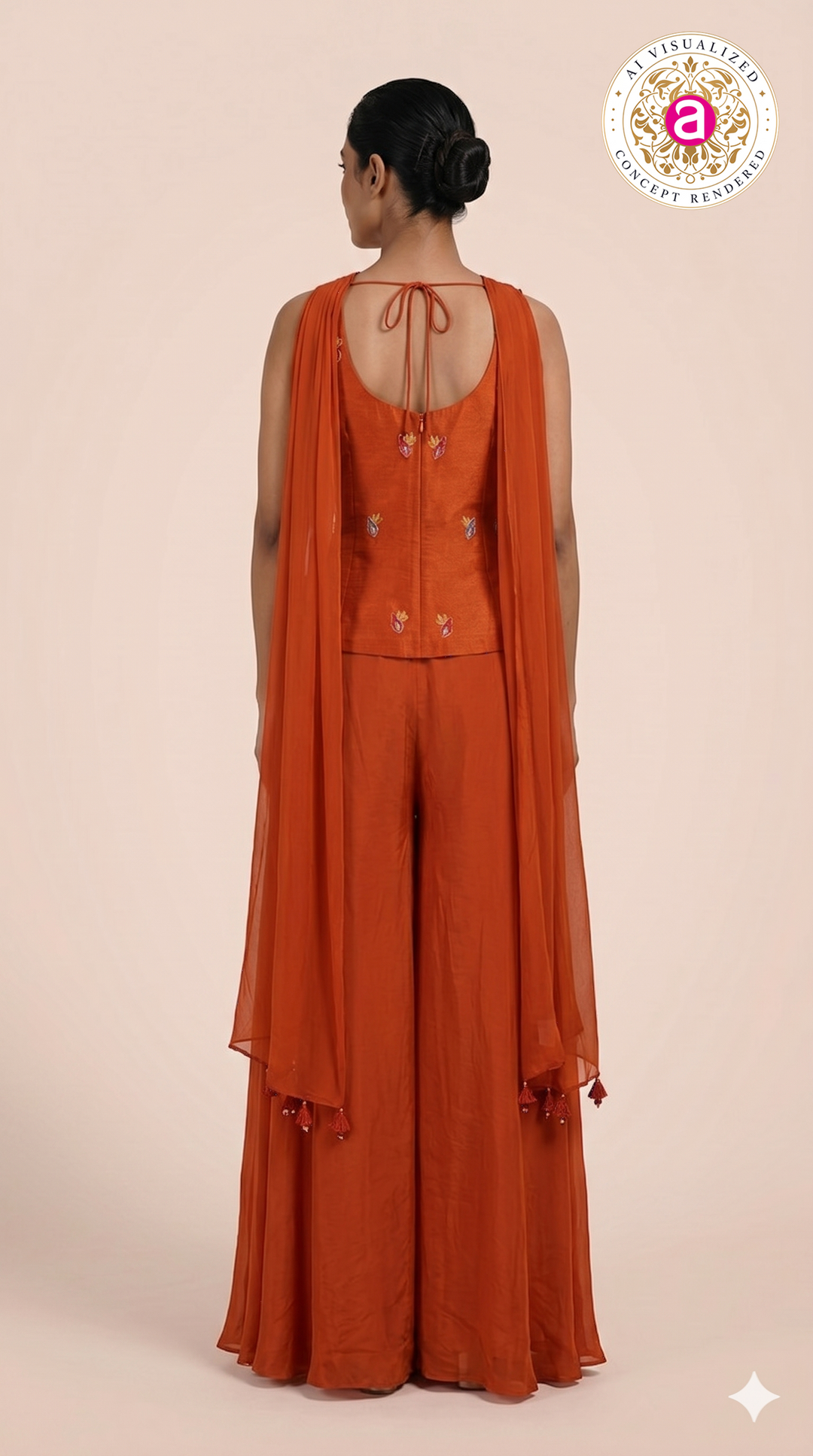 Burnt Orange Kashmiri Embroidered Palazzo Set with Designer Choker Neckline