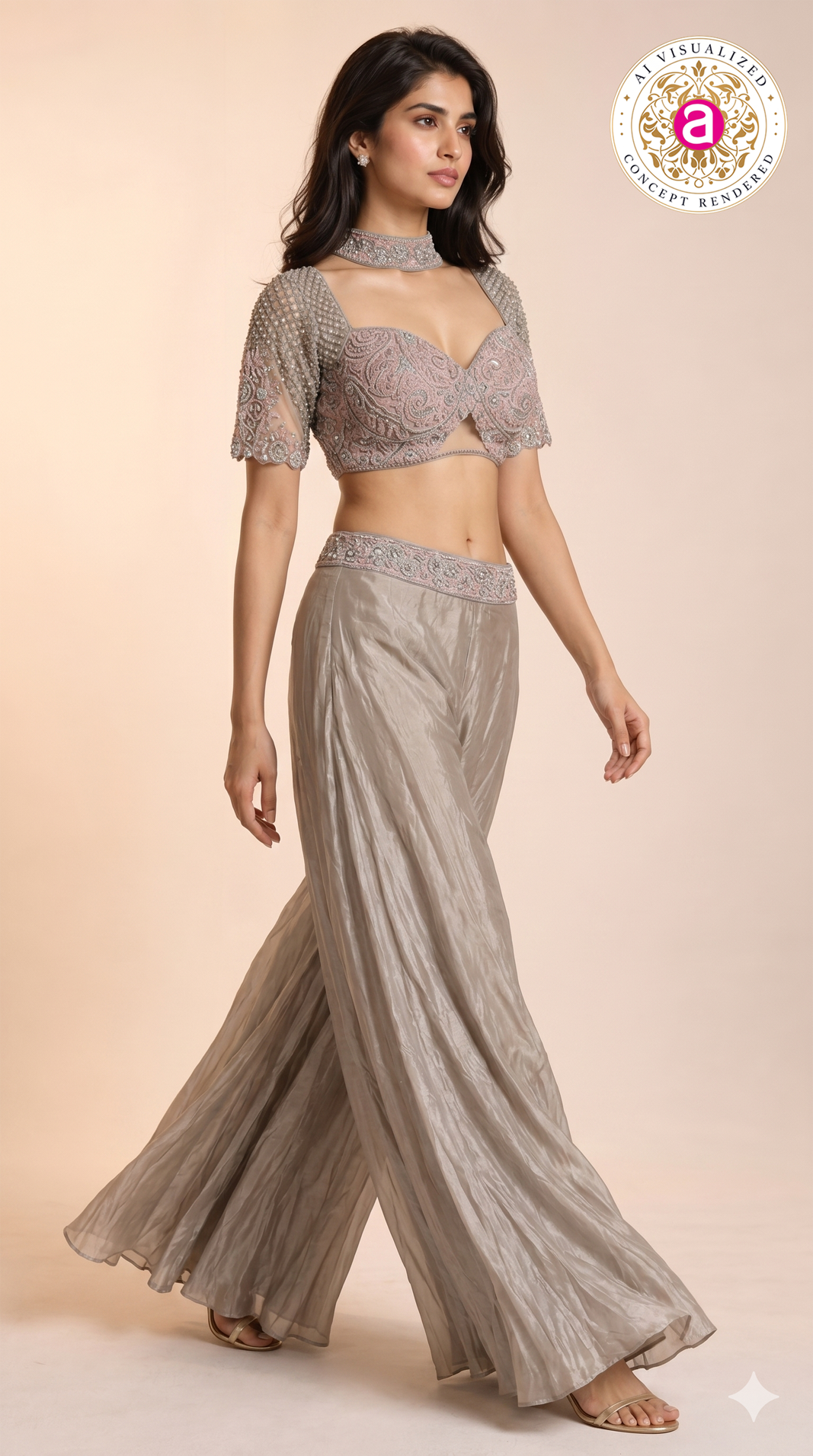 Dusty Rose Embellished Crop Top & Flared Palazzo Set