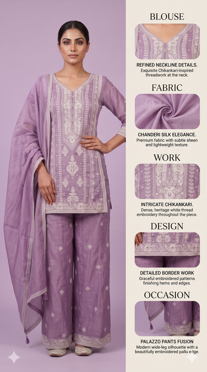 Lilac Embroidered Kurta Palazzo Set with Dupatta