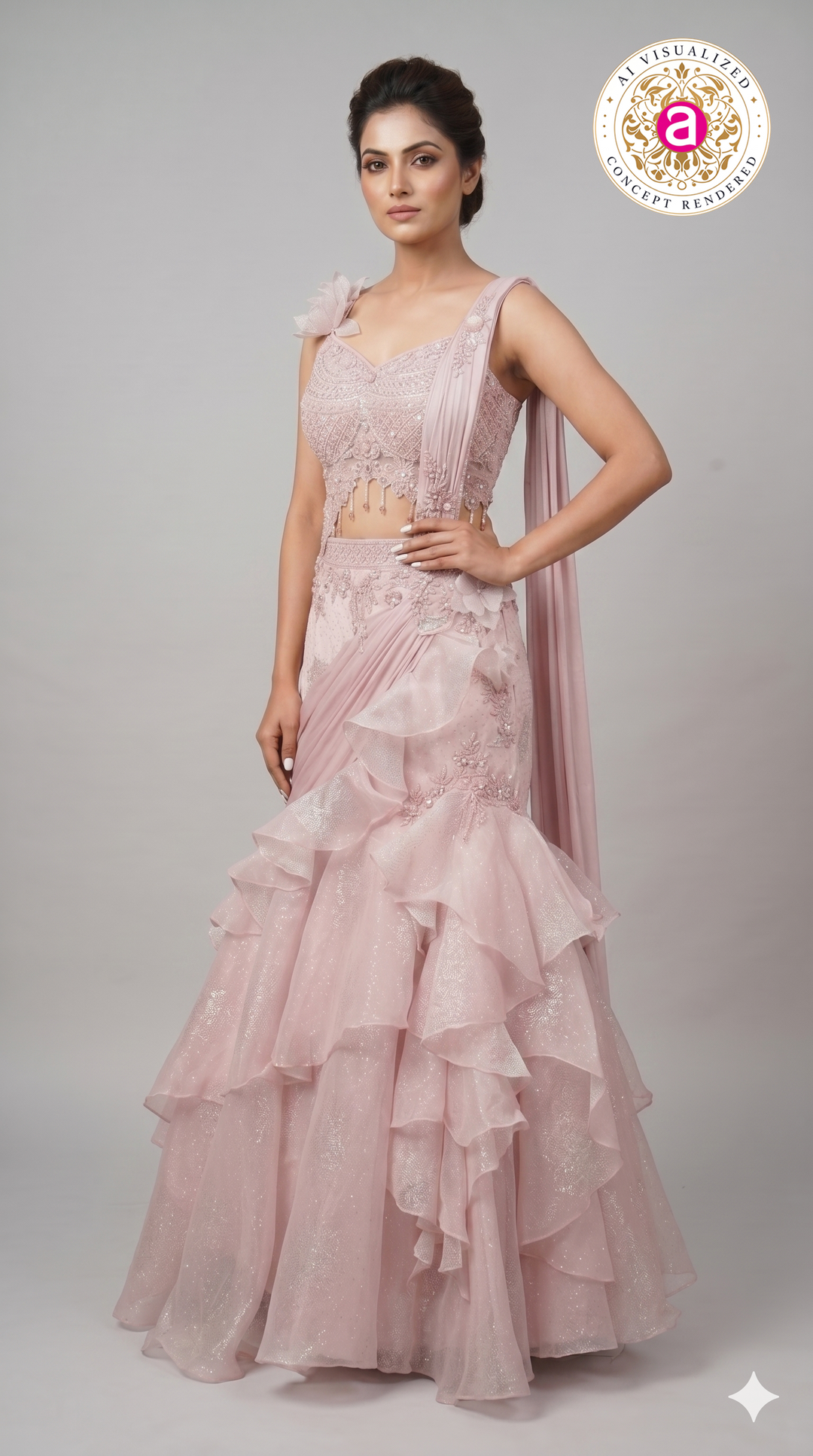 Blush Pink Embellished Ruffle Lehenga Saree with Floral Shoulder Accent