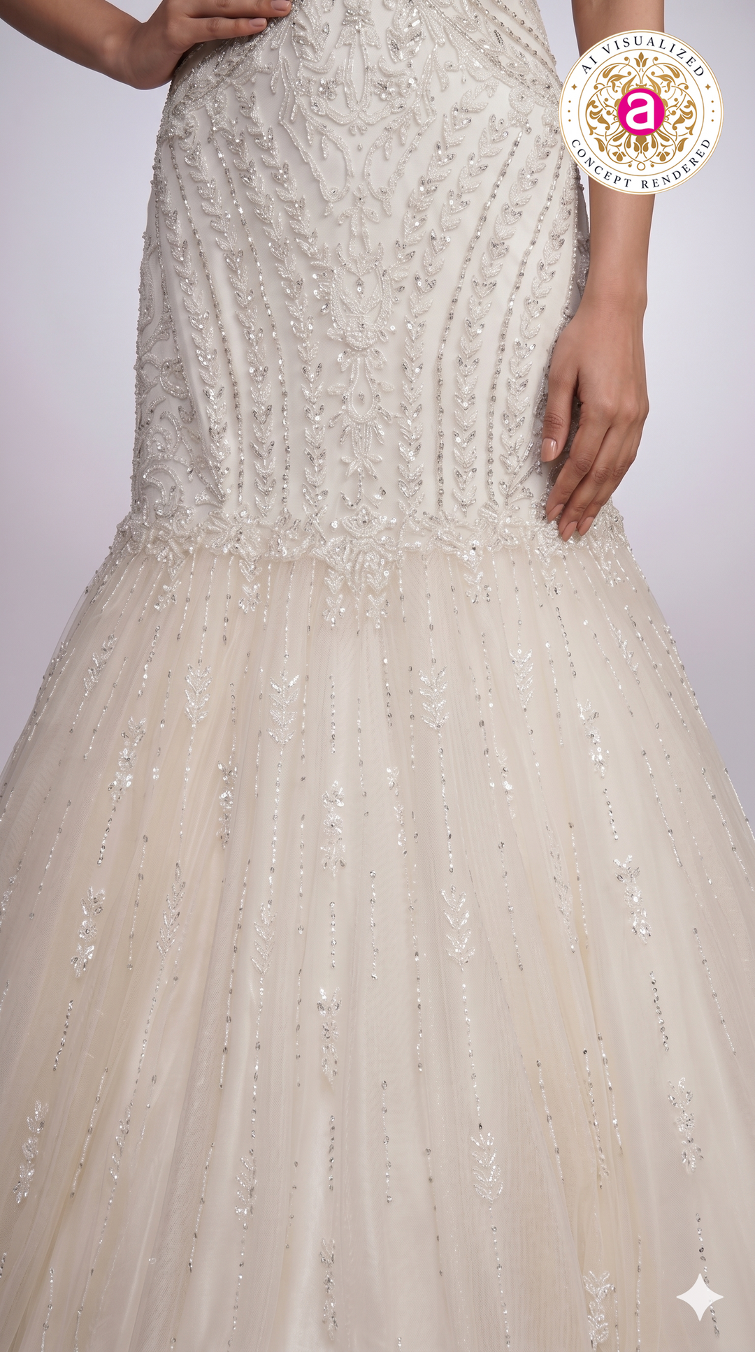 Ivory Pearl Embellished Mermaid Gown with Cold-Shoulder Cape Sleeves