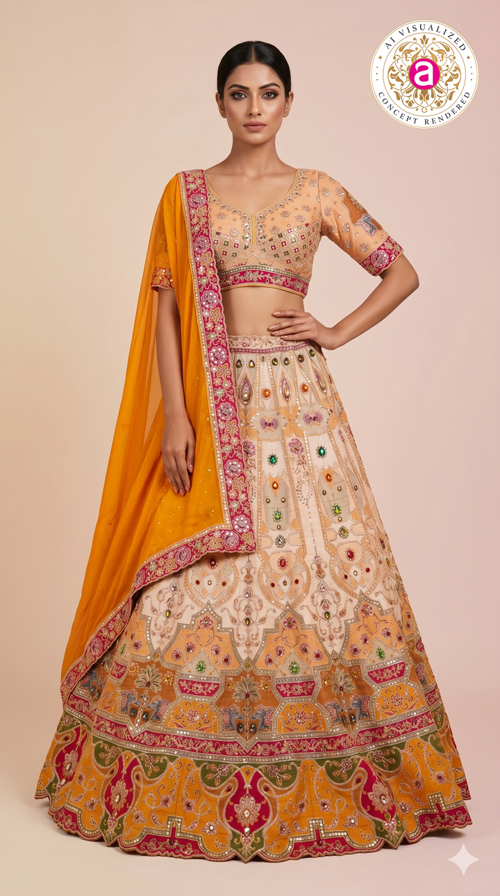 Peach & Mustard Embroidered Bridal Lehenga with Jewel Motifs & Designer Dupatta