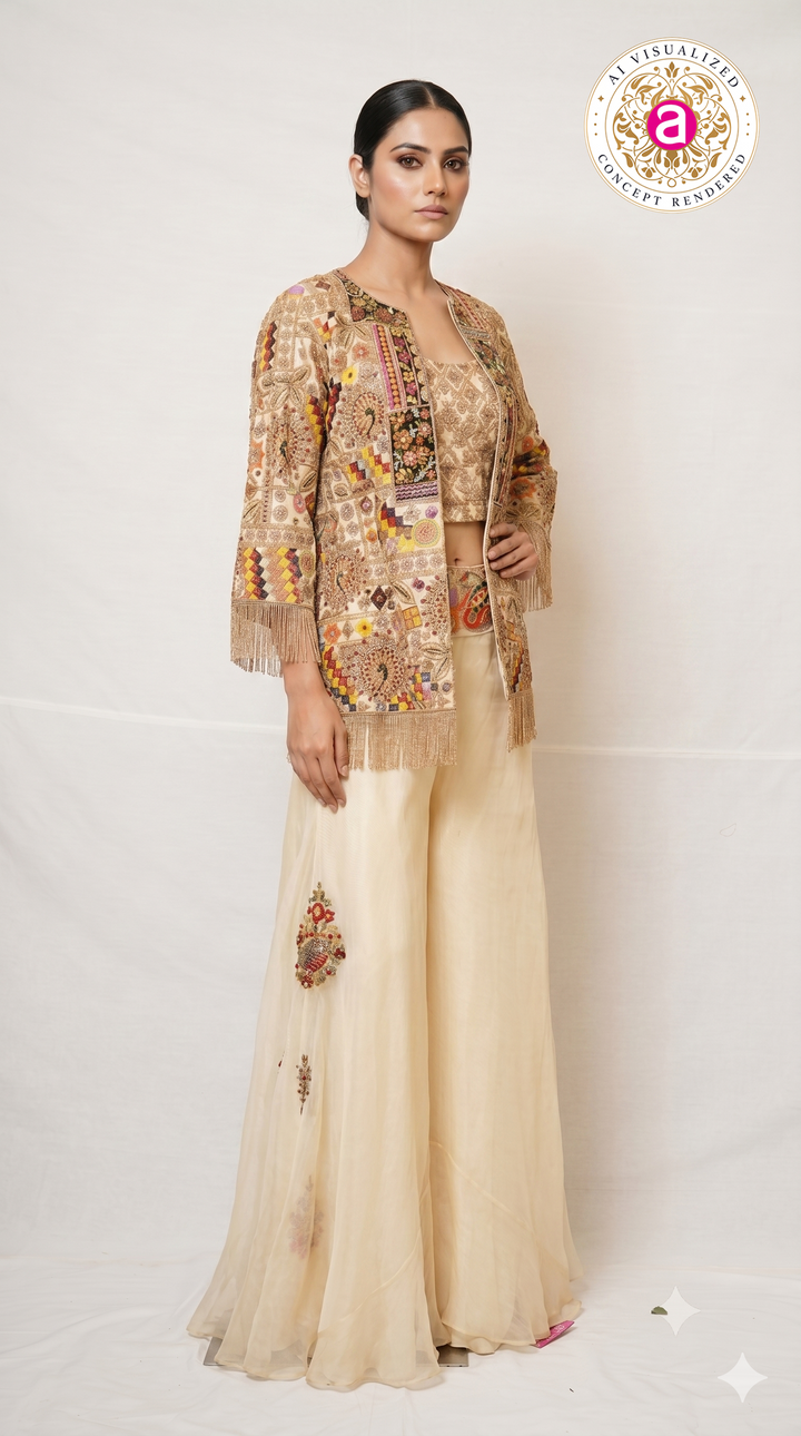 Ivory Heritage Embroidered Jacket Palazzo Set