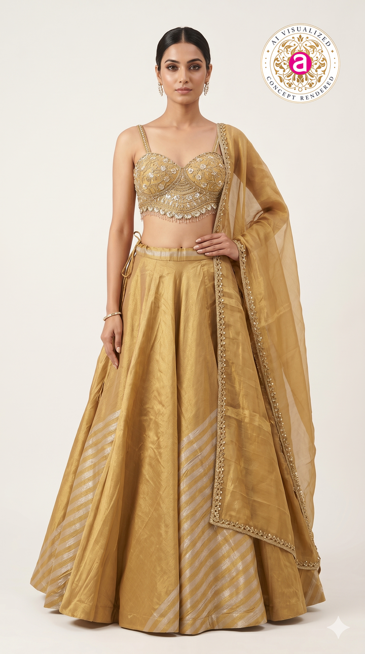 Golden Silk Lehenga Choli with Embellished Bustier & Sheer Dupatta