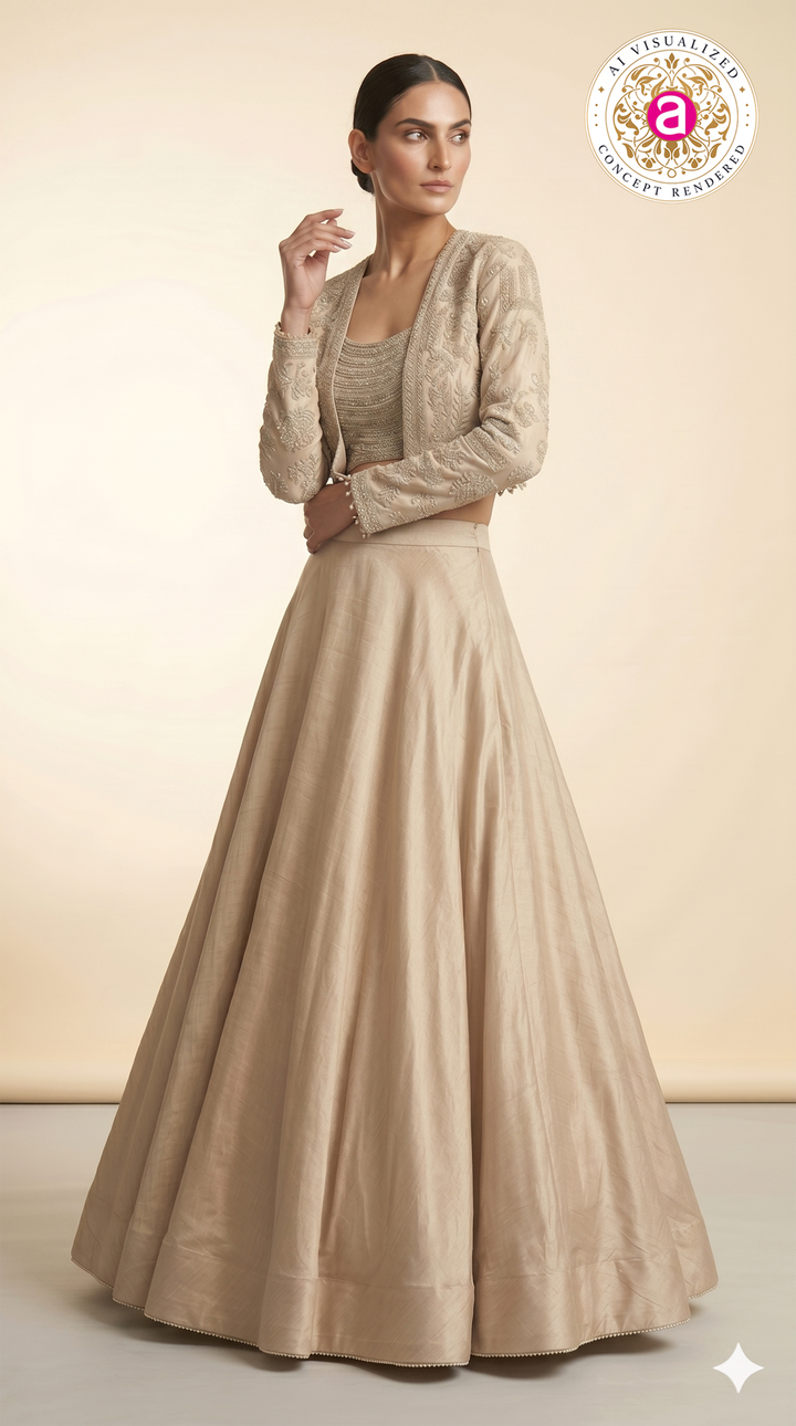 Champagne Beige Embroidered Lehenga Set with Jacket