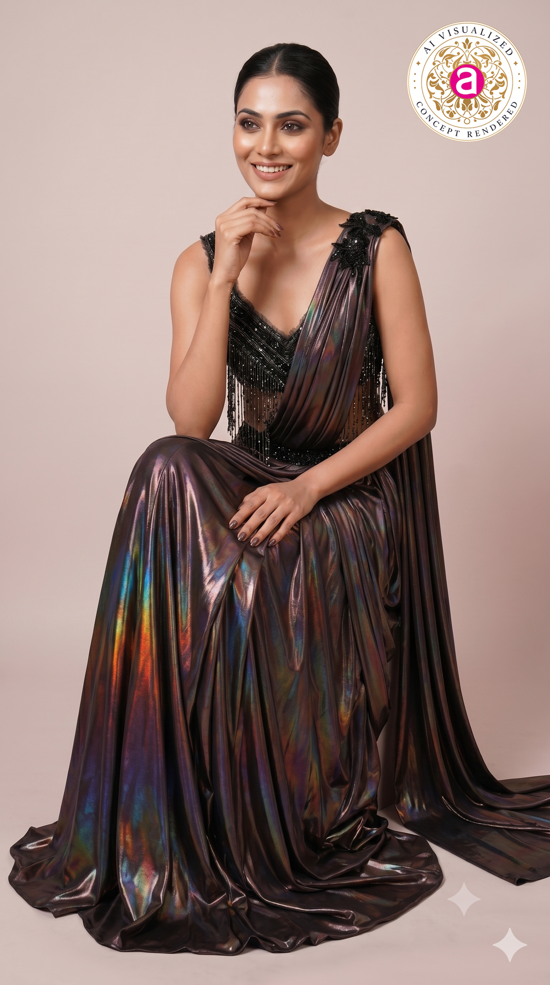 Midnight Prism Ready-to-Wear Metallic Saree with Fringe Designer Blouse