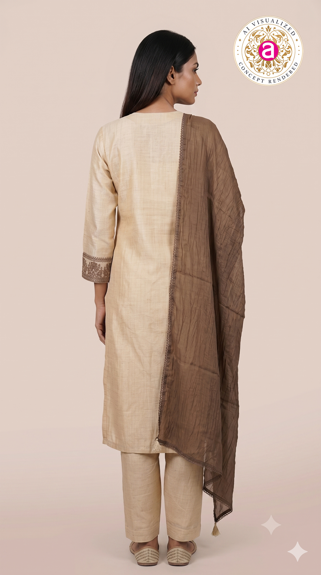 Ivory Embroidered Straight Kurta Set with Brown Dupatta