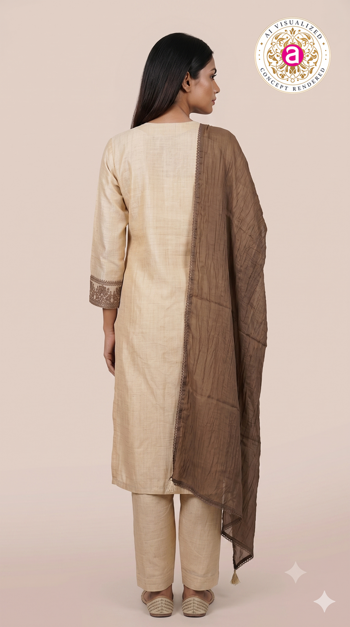 Ivory Embroidered Straight Kurta Set with Brown Dupatta