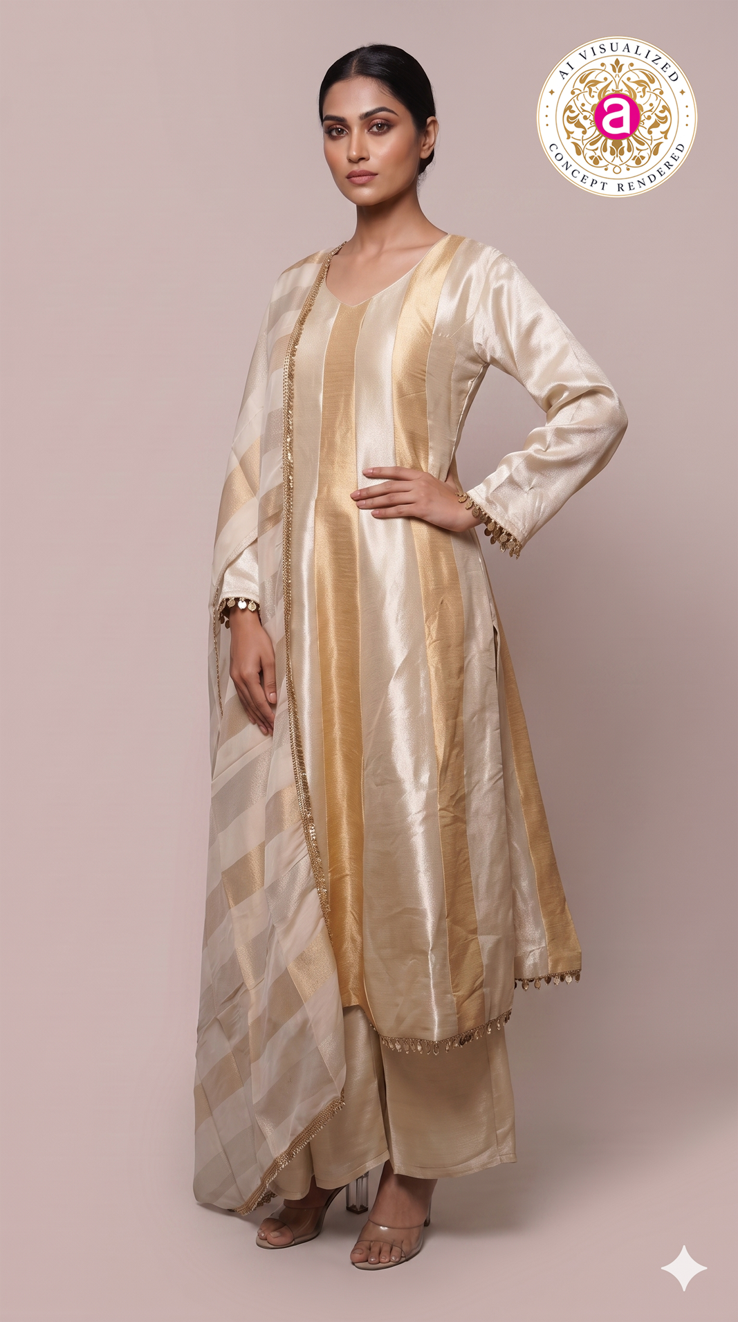 Champagne Gold Kurta Palazzo Set with Striped Dupatta