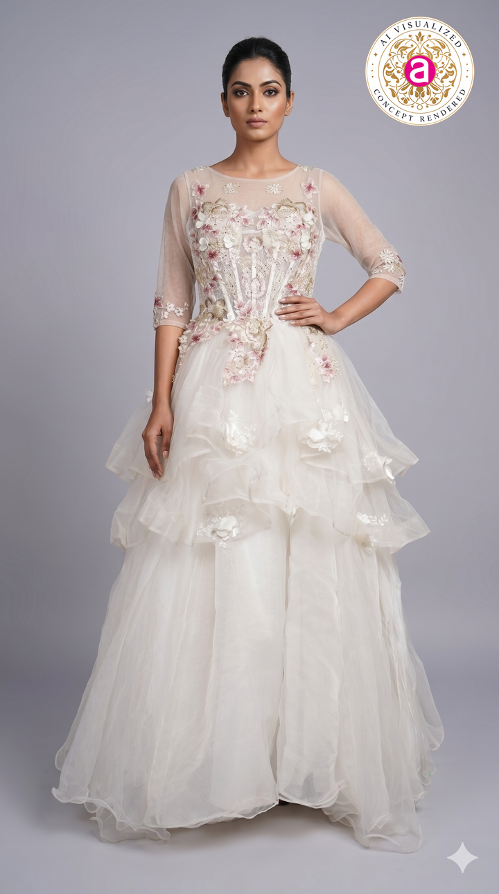 Ivory Floral Appliqué Layered Couture Ball Gown