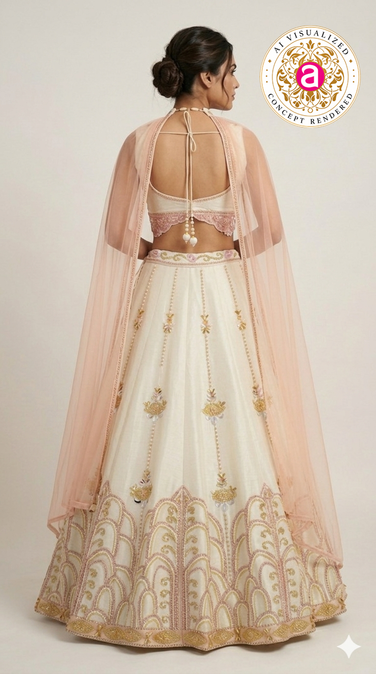 Ivory Blush Pink Embroidered Designer Lehenga Choli with Net Dupatta