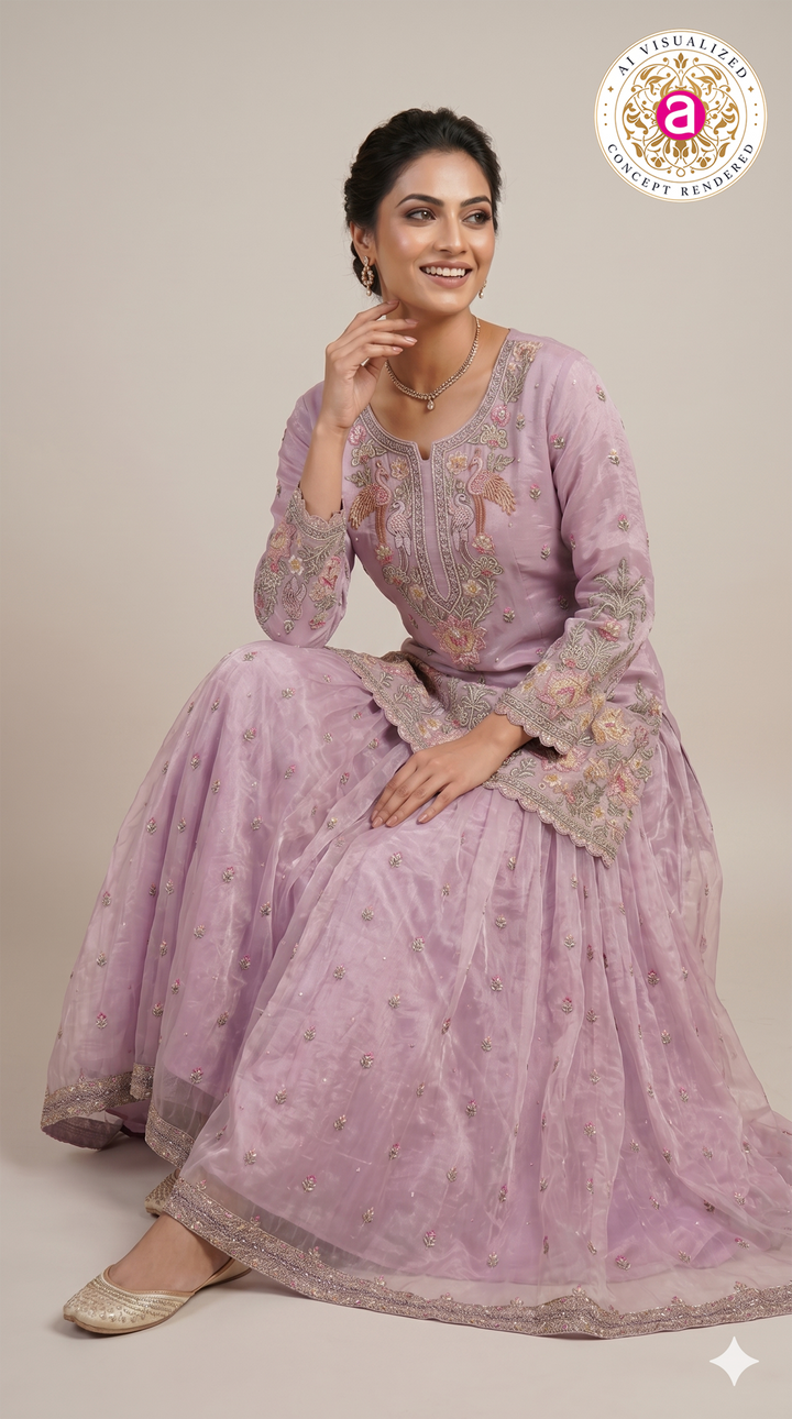 Blush Pink Embroidered Designer Kurta Sharara Set