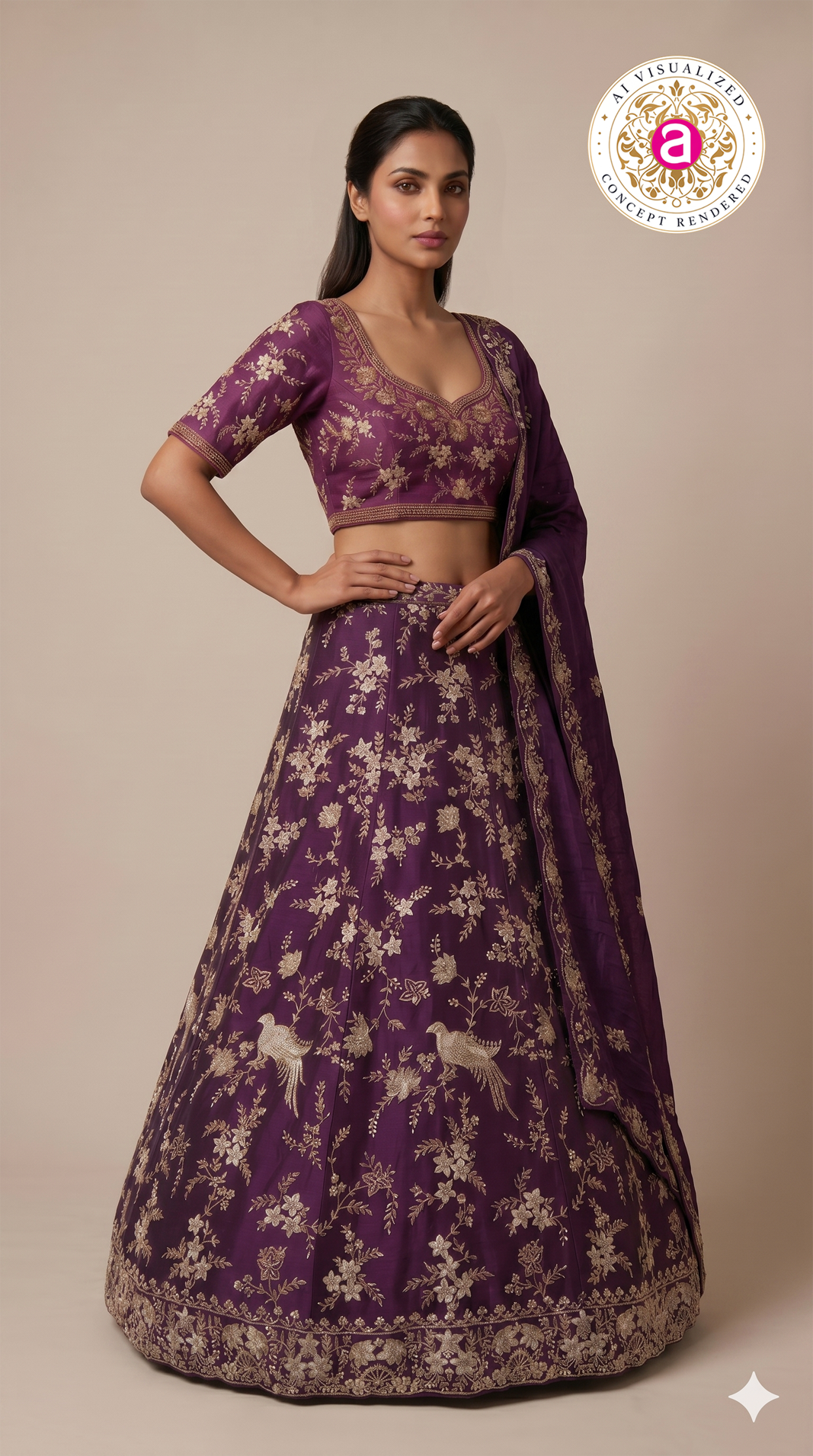 Royal Purple Embroidered Designer Lehenga Set with Floral & Bird Zari Work