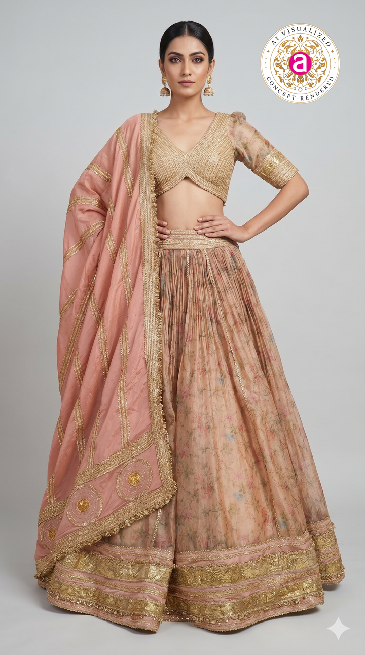 Blush Peach Floral Designer Lehenga Choli with Embellished Blouse & Soft Organza Dupatta