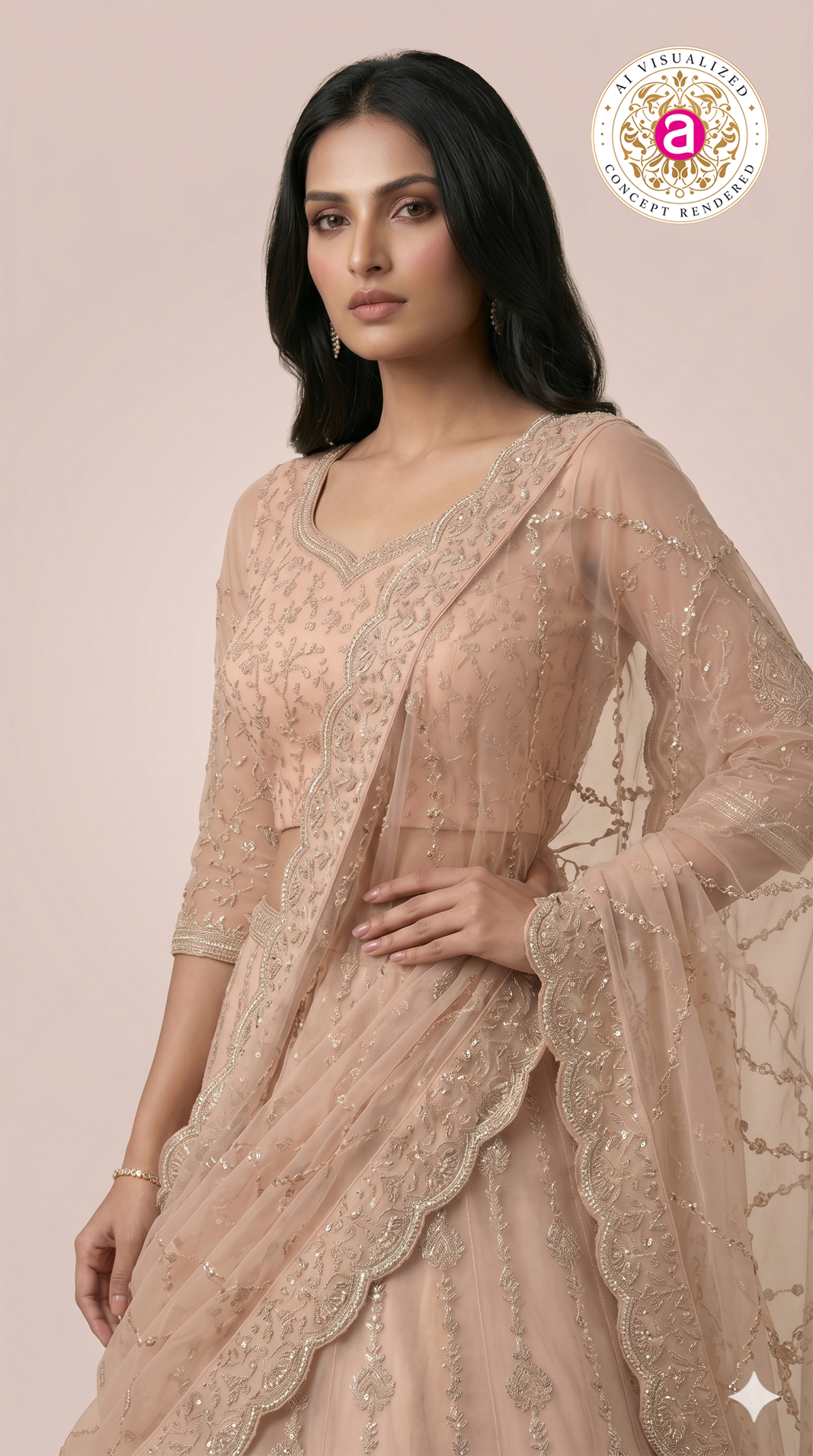 Blush Beige Designer Lehenga Set with Heavy Sequin Embroidery & Net Dupatta