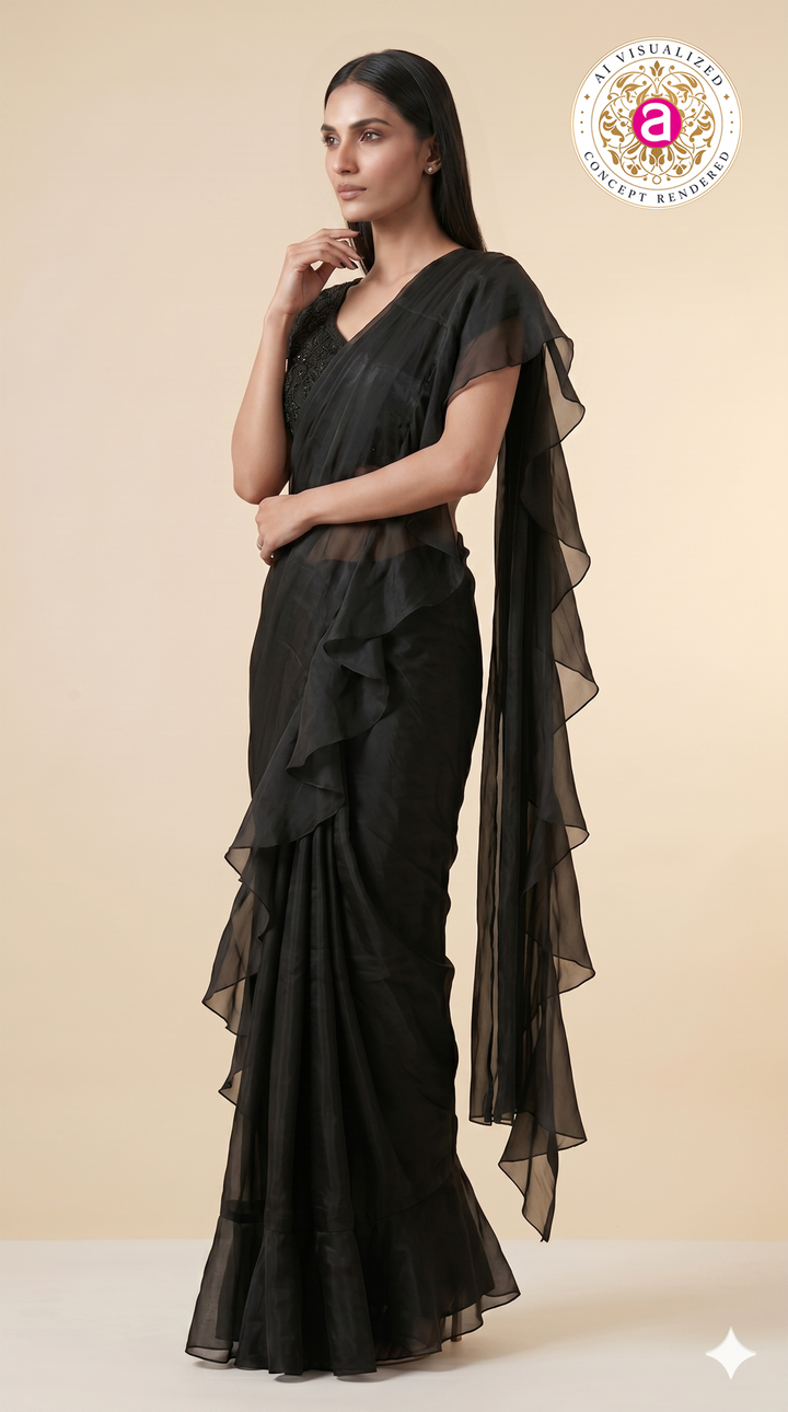 Elegant Black Ruffle Saree with Embellished Blouse