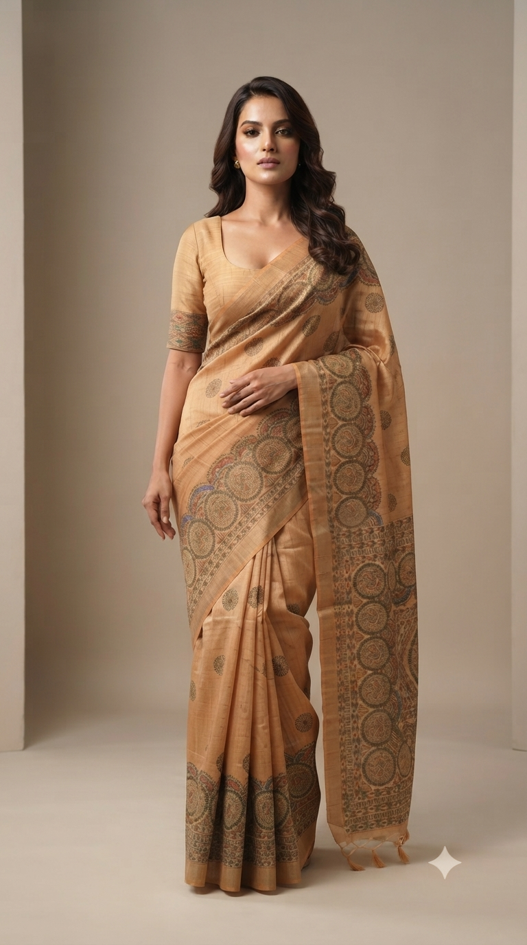 Linen Silk Saree with Traditional Madhubani Inspired Print & Tassel Pallu